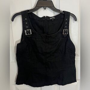 Vintage L’OFFICIEL 100% Linen Sleeveless Black Top with Strap Buckles